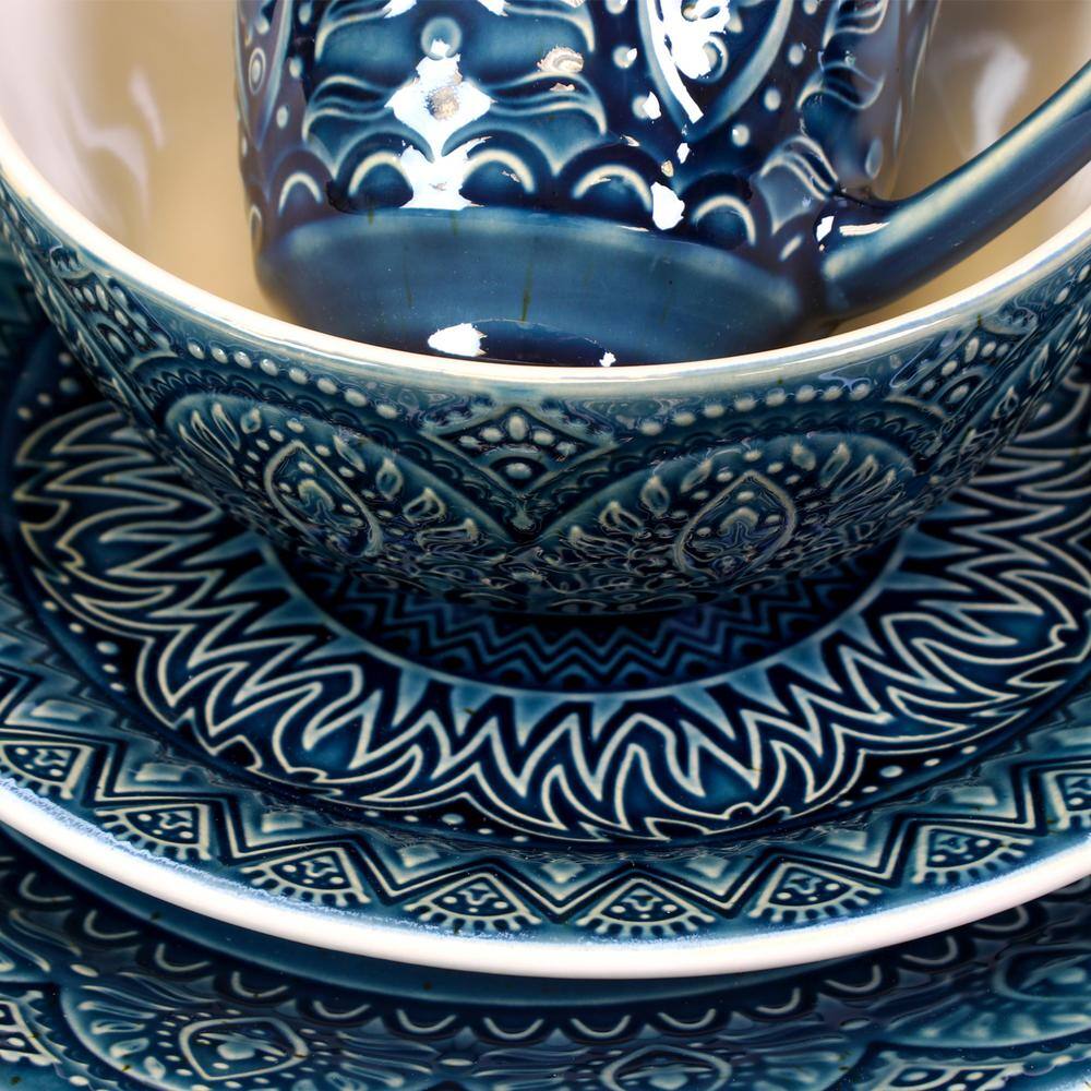 Navy Blue Embossed Ceramic 16-Piece Dinnerware Set