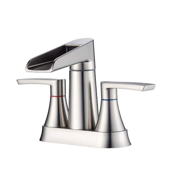 Lukvuzo Double Handle Deck Mounted Standard Kitchen Faucet in Brushed Nickel Bathroom Centerset Waterfall Spout and Pop Up Drain
