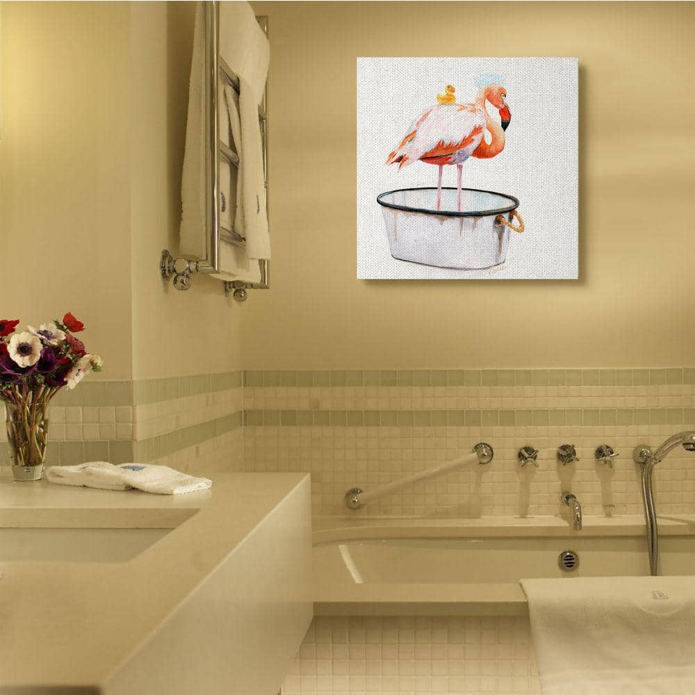 Flamingo Bath Time with Rubber Duck Canvas Wall Art, 36x36