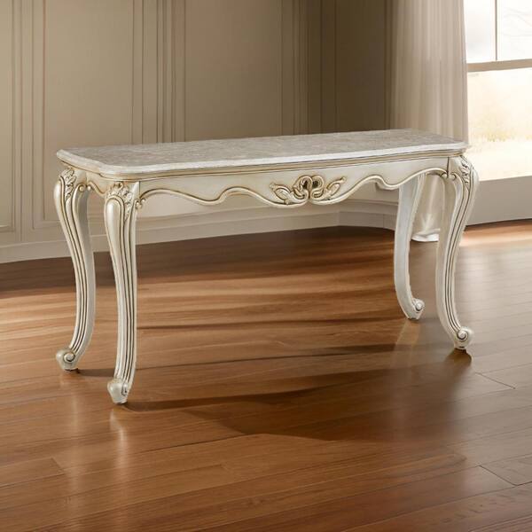 Benjara 58 in. White and Gold Rectangle Wooden Console Table with Genuine Marble Top