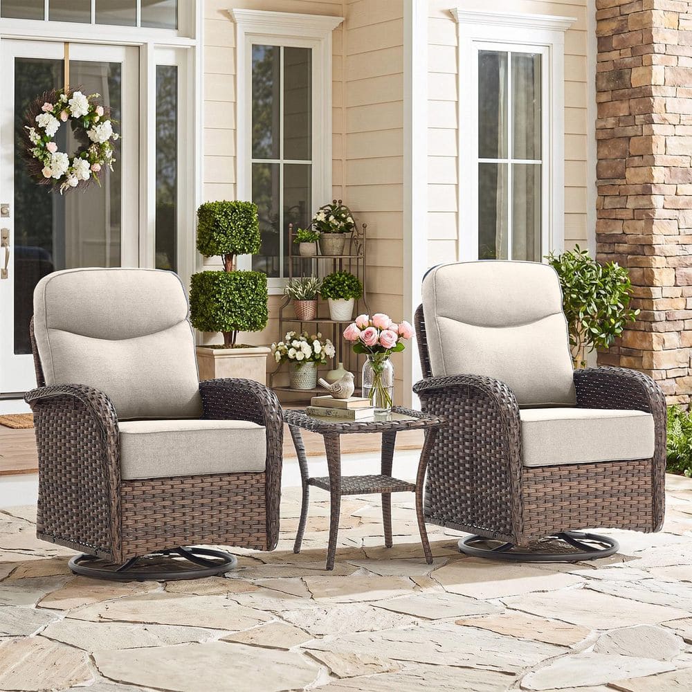 Moonridge Brown Wicker Outdoor Swivel Glider Chairs with Beige Olefin 6 in. Thick Cushions/Side Table（3-Piece） price history on PriceWatchPro