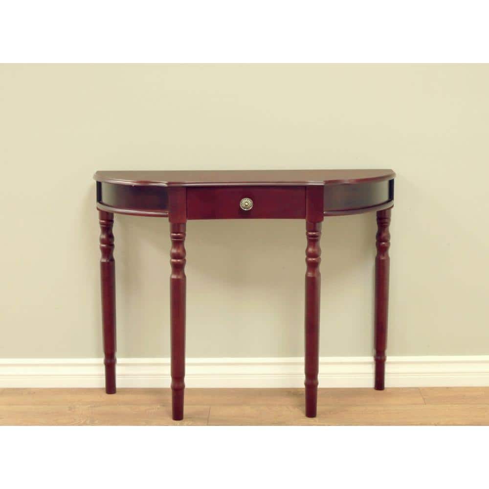 Dark Cherry Wood Half-Moon Console Table with Storage Drawer