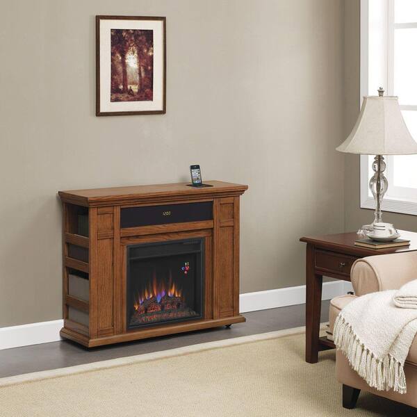 Hampton Bay Templeton 37 in. Rolling Media Console Electric Fireplace in Oak-DISCONTINUED