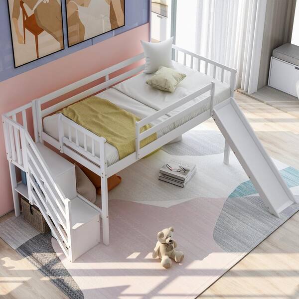 Low Loft Bed With Adjustable Slide, Twin Size Low Loft Bed With Staircase