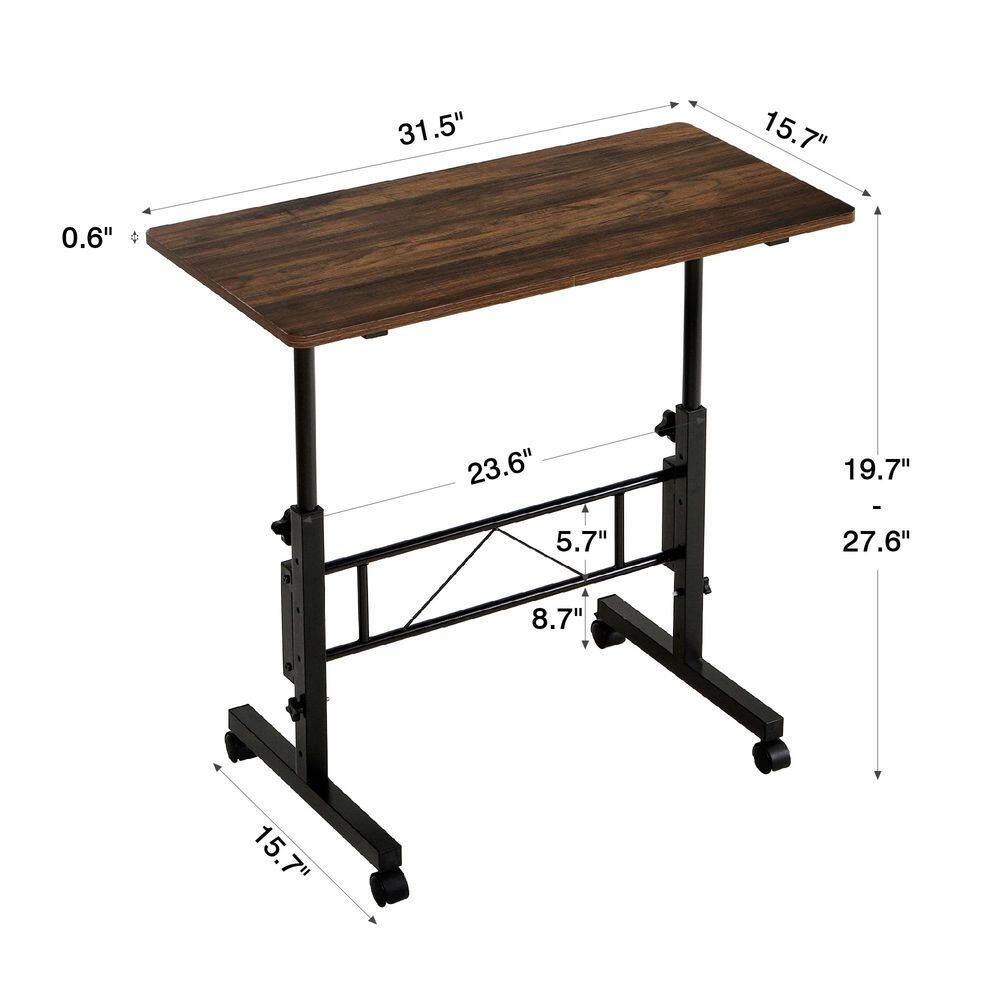Measurement diagram of a wood-grain adjustable desk.