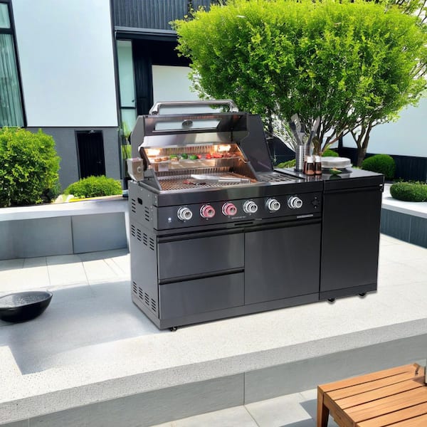 Deluxe 4-Burner 72000BTU Propane Grill Island 46 in. Stainless Steel Rotisserie, Side Burner, Storage Cabinets, Black