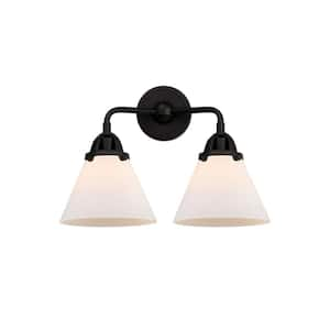 Cone 15.75 in. 2 Light Matte Black, Matte White Vanity Light with White Glass Shade