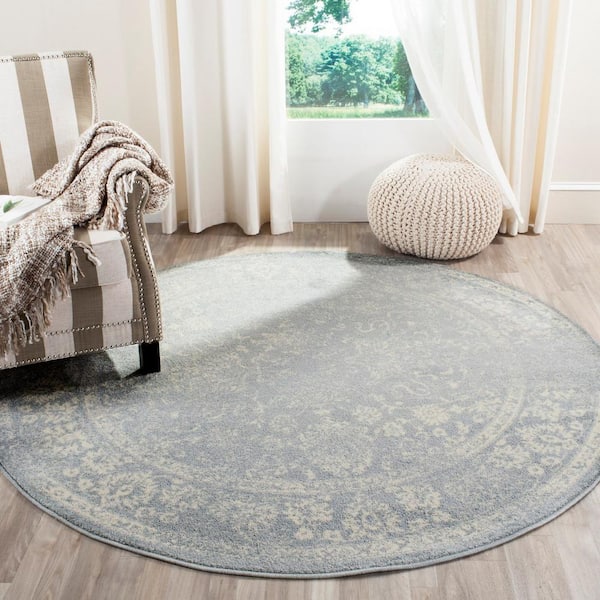 Adirondack 8 ft. x 8 ft. Round Slate/Ivory Border Distressed Area Rug