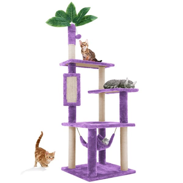 Purple Modern Cat Tree Pet Tower with Scraching Ramp, Hanging Ball