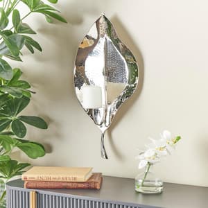 24 in. Silver Stainless Steel Metal Leaf Wall Sconce with Hammered Design