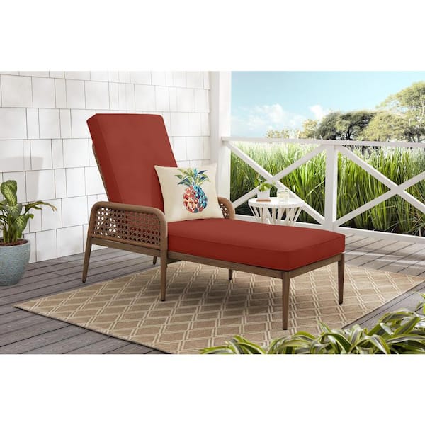 Hampton Bay Coral Vista Brown Wicker Outdoor Patio Chaise Lounge with Sunbrella Henna Red Cushions