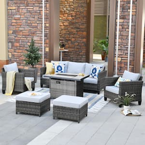 New Vultros Gray 6-Piece Wicker Patio Fire Pit Conversation Seating Set with Gray Cushions