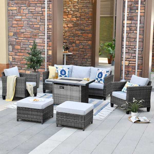 OVIOS New Vultros Gray 6-Piece Wicker Patio Fire Pit Conversation Seating Set with Gray Cushions