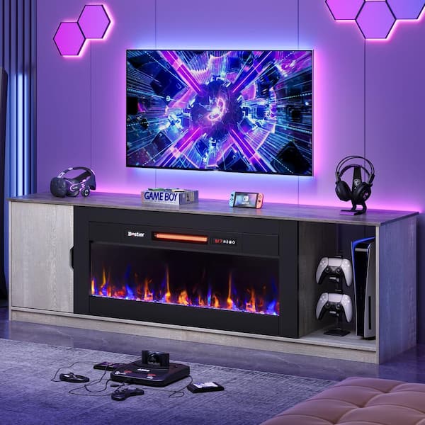 70 in. Freestanding Electric Fireplace TV Stand in Wash Black with Adjustable Shelves LED Entertainment Center