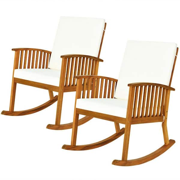 Gymax Wooden Patio Outdoor Rocking Chair Lawn Garden with Armrest Beige Cushion ( 2-Piece)