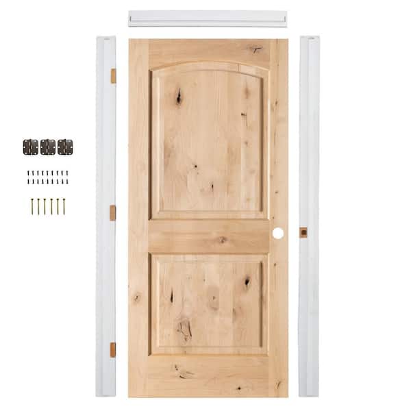 36in.x80in. Arch Top Knotty Alder Wood Left-Hand Stainable Wood Assembly Required Interior Door Kit w/QuickAssemble Jamb