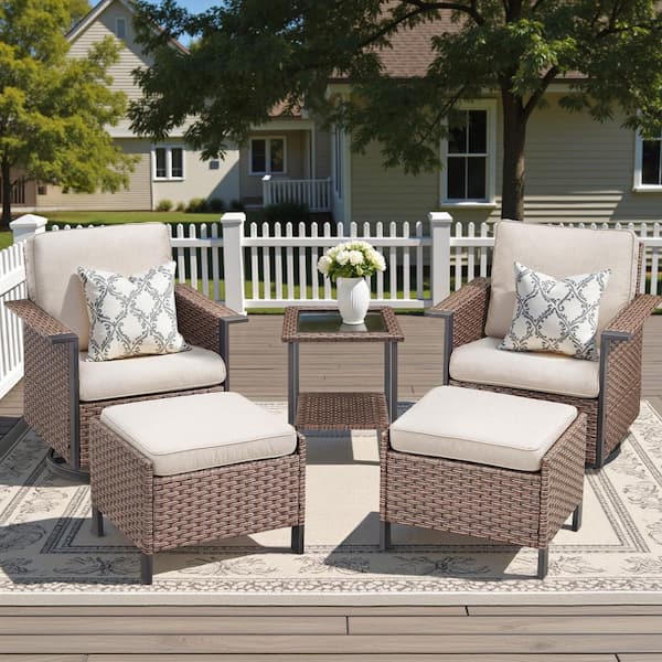 Buenaola 5-Piece Brown Wicker Patio Conversation Set with Swivel Glider, Outdoor Deep Seating Set with Beige Cushions