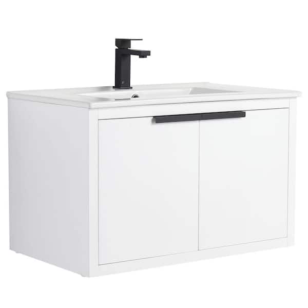 Kingsford 30 in. Single Wall Mounted White Bath Vanity with Doors with White Ceramic Sink