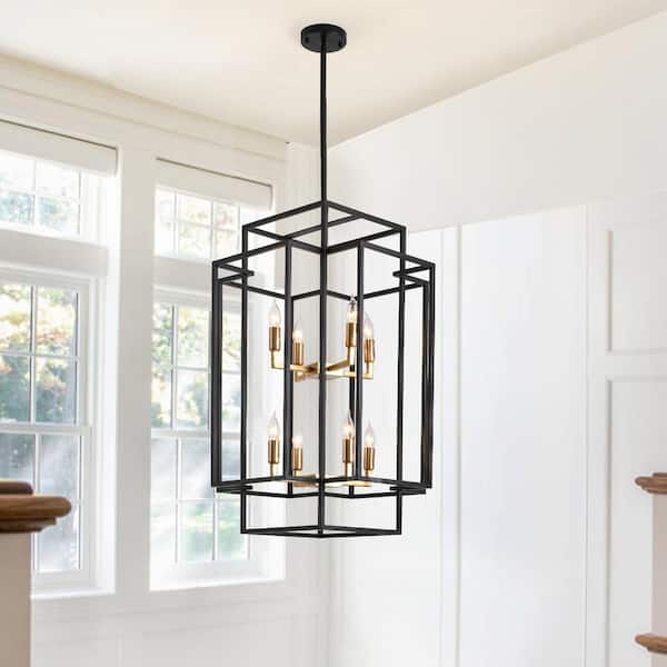 Magic Home Modern 8-Light Black and Gold Foyer Lantern Tiered Chandelier for Living Room Dining Room
