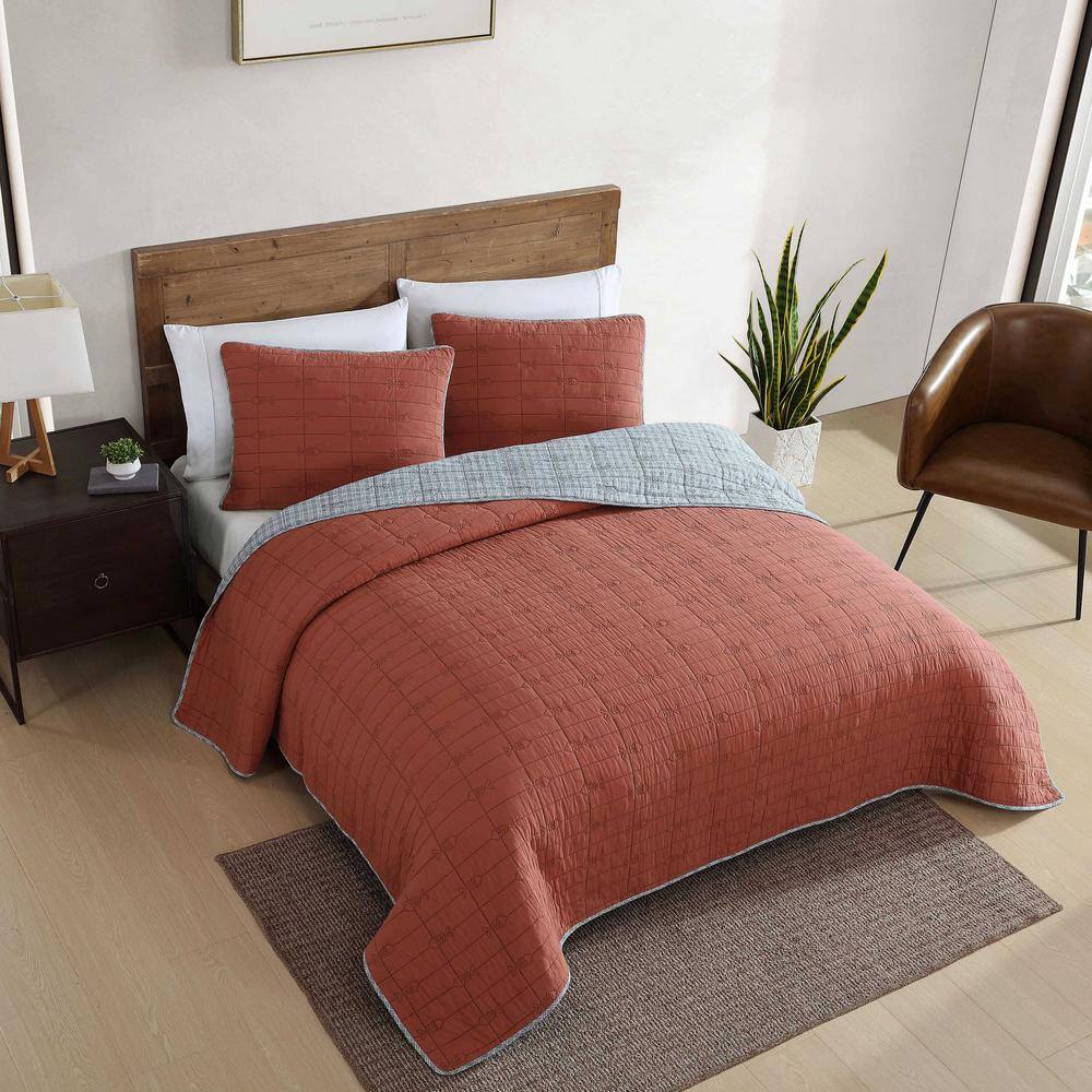 Twin Gray and Terracotta Cotton Reversible Quilt Set