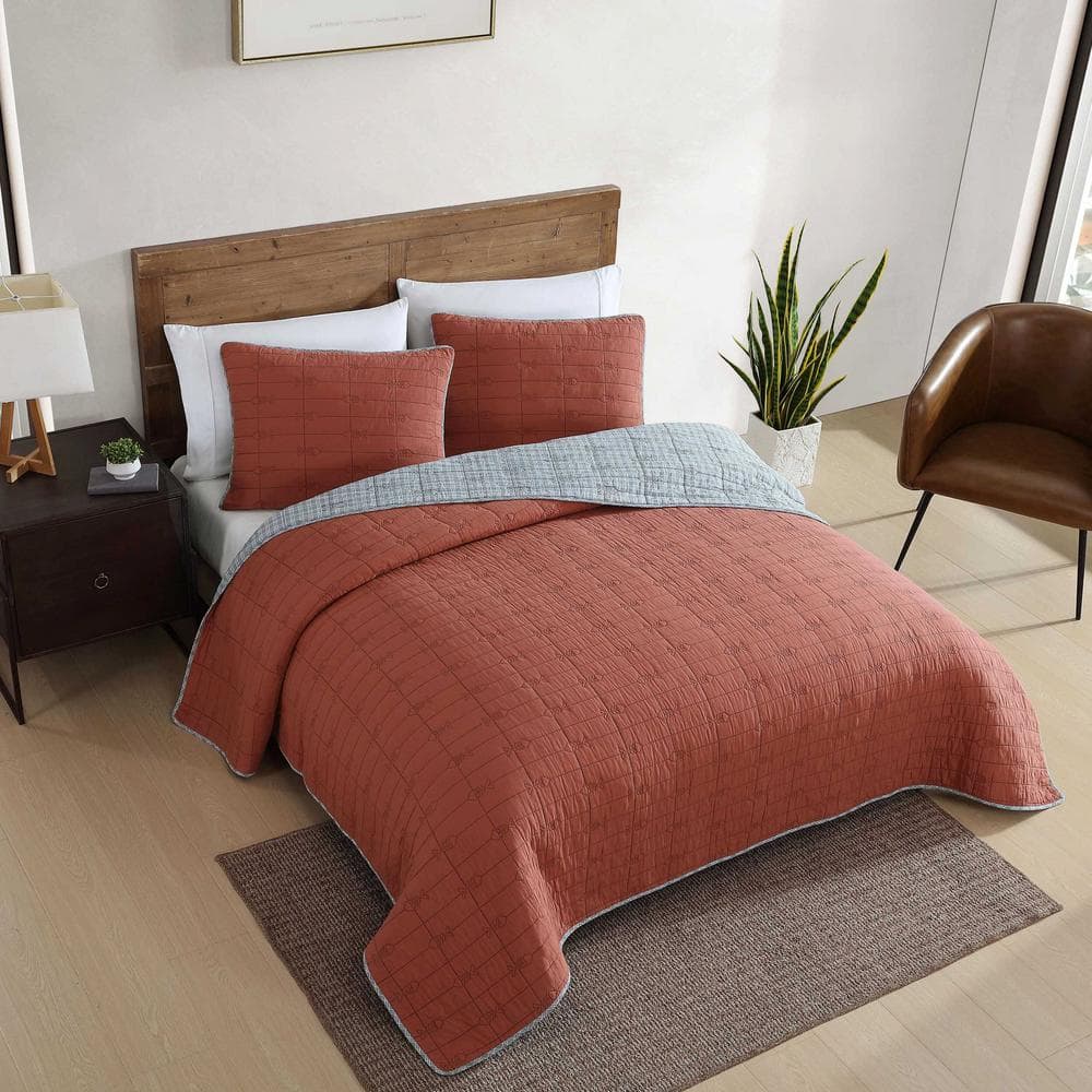 King Gray and Terracotta Cotton Reversible Quilt Set