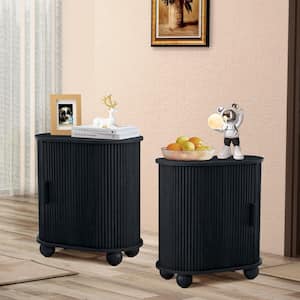 21.65 in. Black Wood Oval Nightstand/End table with Sliding Door(Set of 2)