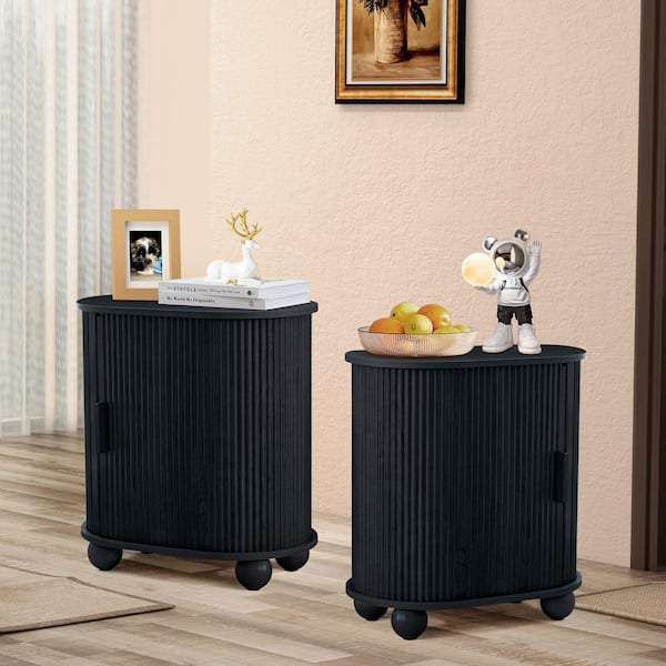 ATHMILE 21.65 in. Black Wood Oval Nightstand/End table with Sliding Door(Set of 2)