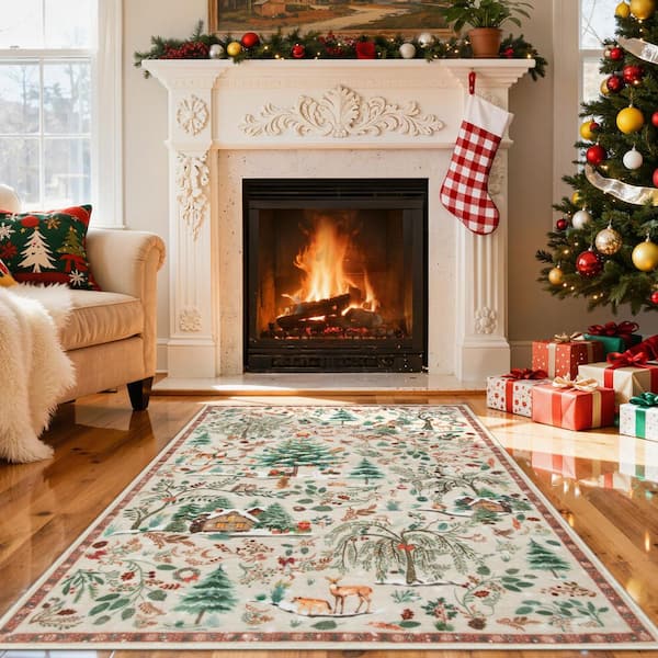 Christmas Woodland Forest Beige Trees Animals Snowflake Non-Slip 3 ft. x 5 ft. Living Room/Bedroom Indoor Area Rug