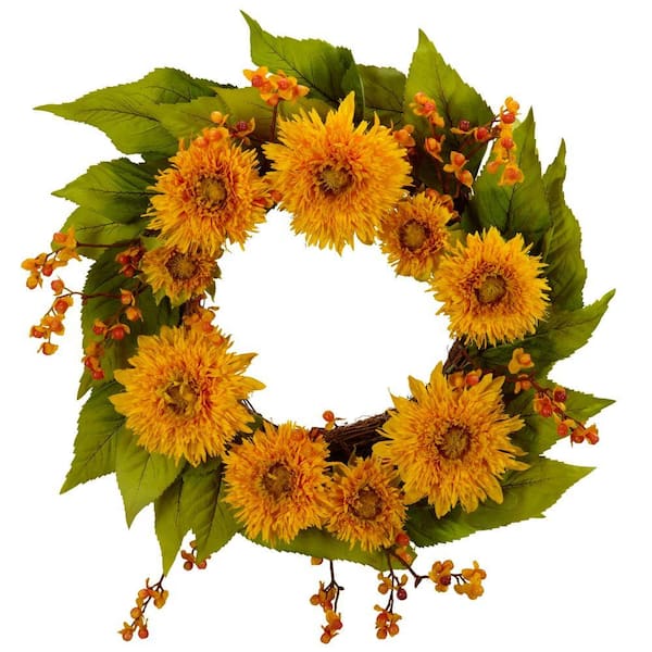 Nearly Natural 22.0 in. Artificial H Yellow Golden Sunflower Wreath