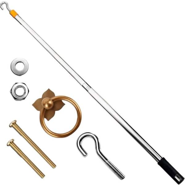 Attic Pull Down Ladder Hook Kit, 60 in. Steel Pole and Hook for Scissor Ladders, Solid Antique Brass Handle