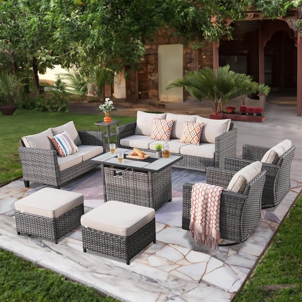 XIZZI Moonshadow Gray 8-Piece Wicker Patio Rectangular Fire Pit Set with Beige Cushions and Swivel Rocking Chairs