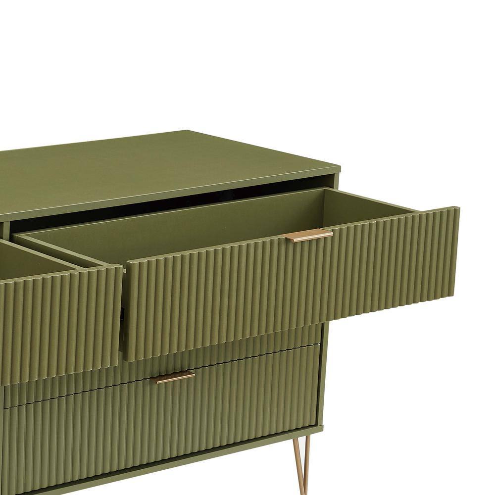 Olive Green Vertical Ribbed 6-Drawer Double Dresser with Soft Close