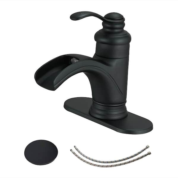 FLG Single Handle Single Hole Waterfall Bathroom Sink Faucet with Drain Assembly Kit and Deckplate Included in Matte Black