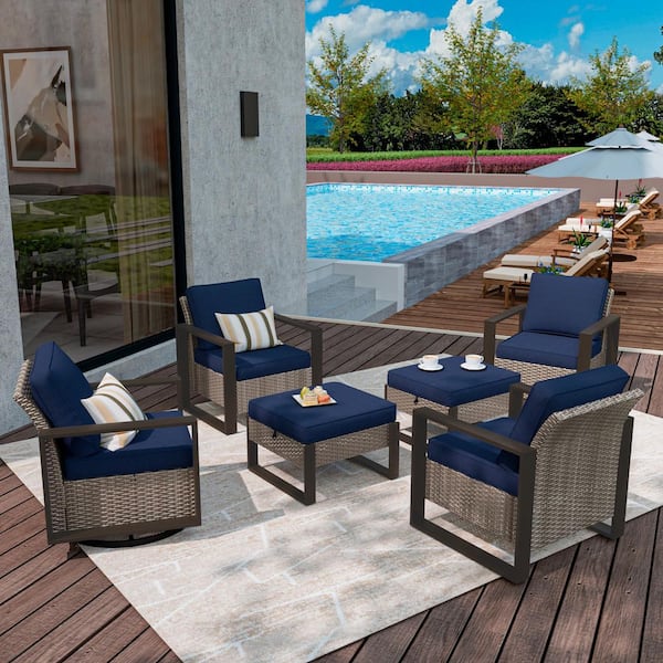 MeetLeisure 6-Piece Wicker Outdoor Sectional Set Patio Conversation 3-seat Sofa 2 Chairs with Blue Cushions