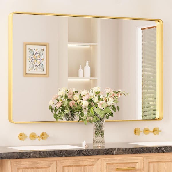 30 in. W x 36 in. H Modern Rectangular Aluminum Framed Wall Bathroom Vanity Mirror in Brush Gold Bathroom Mirrors
