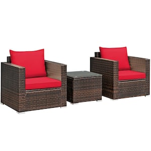 3-Pieces Rattan Patio Conversation Furniture Set with Red Cushion
