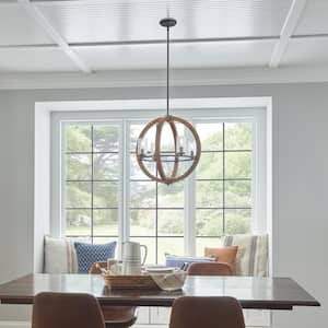 Grand Bank 20 in. 4-Light Auburn Stained Wood and Black Farmhouse Shaded Globe Chandelier for Dining Room