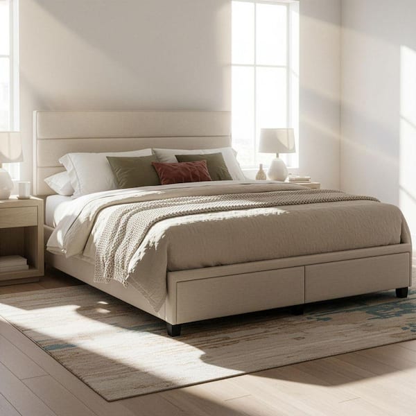 Arnia Beige Fabric Queen Bed Captain's Bed with 2-Storage Drawers