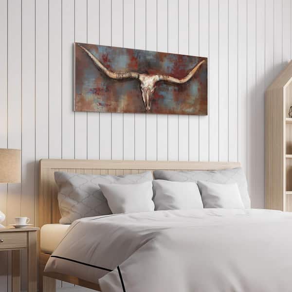 48 in. x 20 in. "Long Horn" Mixed Media Iron Hand Painted Dimensional Wall Art