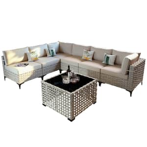 Taurus 7-Piece Wicker Outdoor Sectional Set with Beige Cushions