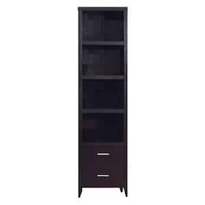 82"H Red Cocoa Finish Display Bookcase with Four Shelves and Two Drawers on Metal Glides