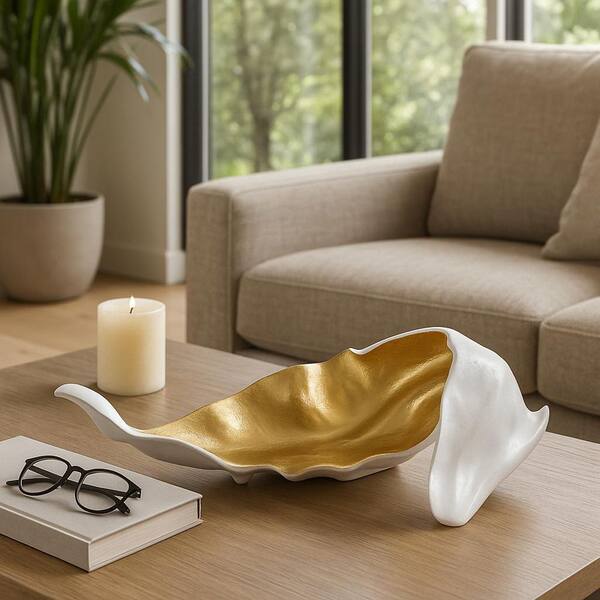 Liv & Skye Ivory and Gold 17.75 in. x 5.75 in. Metal Curled Leaf Decor Sculpture