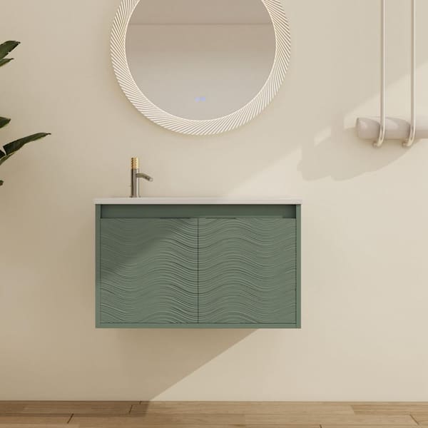 ARTCHIRLY 29.9 in. W x 18.2 in. D x 18.5 in. H Wall-Mounted Bath Vanity in Green with White Resin Vanity Top
