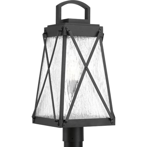 Progress Lighting Creighton Collection 1-Light Textured Black Clear Water Glass Farmhouse Outdoor Post Lantern Light