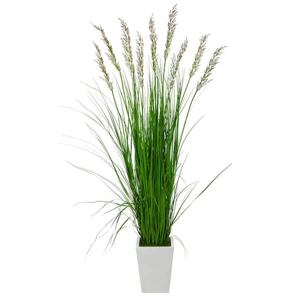 Nearly Natural 75in. Grass Artificial Plant in White Metal Planter