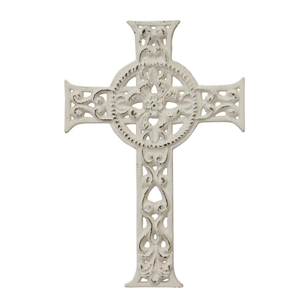 Stonebriar Collection 8 in. x 12 in. Worn White Cast Iron Hanging Cross ...