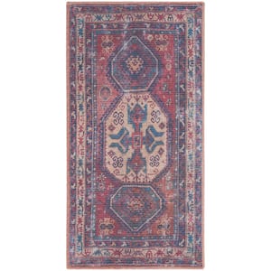 57 Grand Machine Washable Red/Navy 2 ft. x 4 ft. Bordered Transitional Kitchen Area Rug