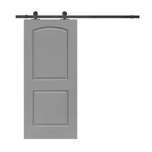30 in. x 80 in. Light Gray Stained Composite MDF 2-Panel Round Top Interior Sliding Barn Door with Hardware Kit