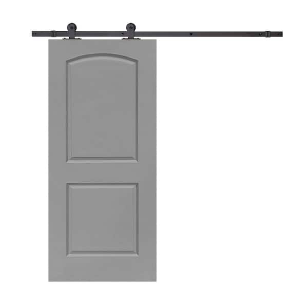 CALHOME 30 in. x 80 in. Light Gray Stained Composite MDF 2-Panel Round Top Interior Sliding Barn Door with Hardware Kit