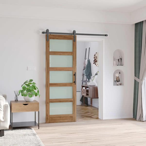 32 in. x 84 in. 5-Lite Tempered Frosted Glass Brown Finished Solid Core MDF Sliding Barn Door with Hardware Kit